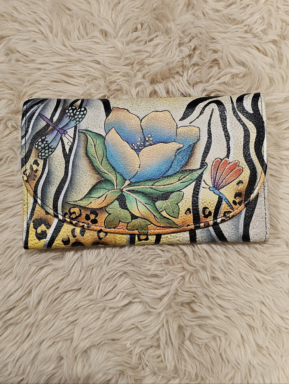 Anuschka Leather Hand Painted Floral Zebra Dragonfly Wallet Organizer Clutch NWT
